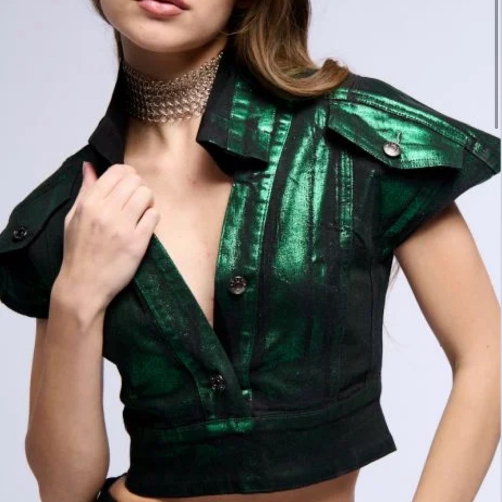 Akira green metallic collared shirt